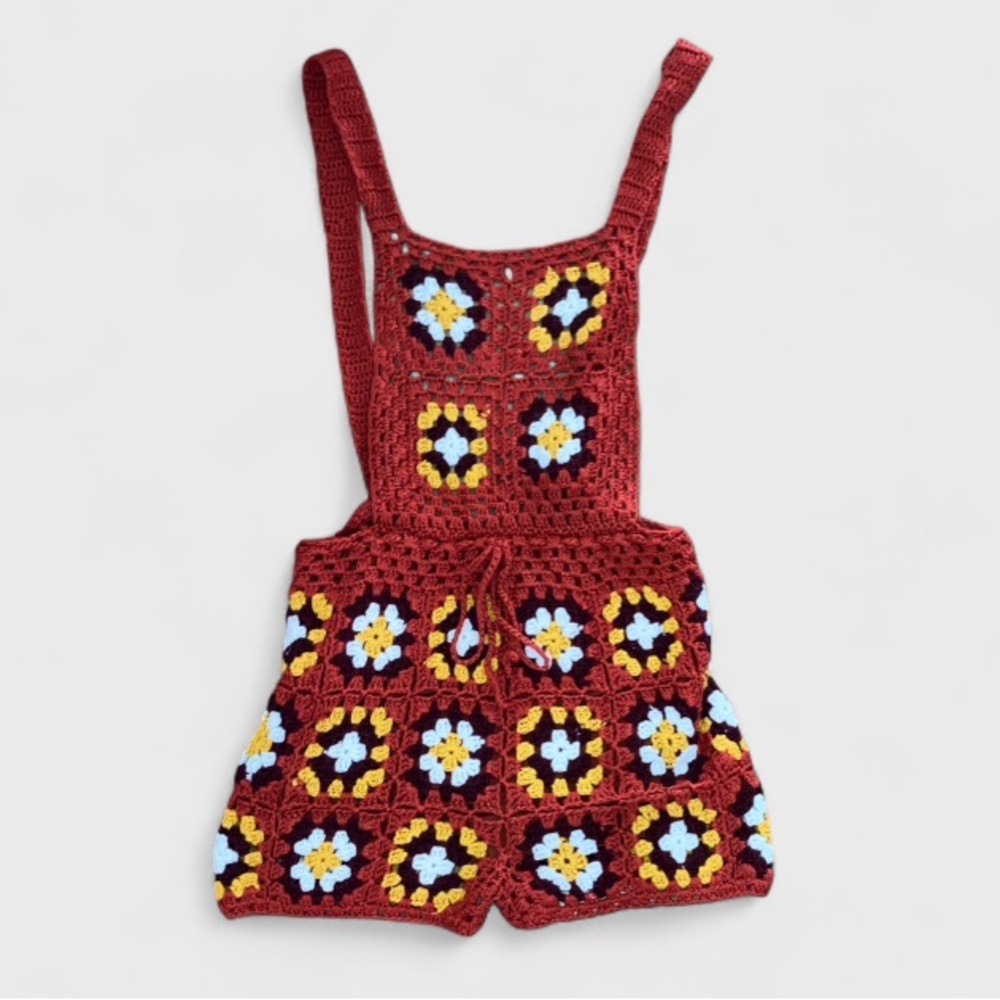 O & O Crochet Granny Square Romper Burnt Orange Short Romper Women’s S/M